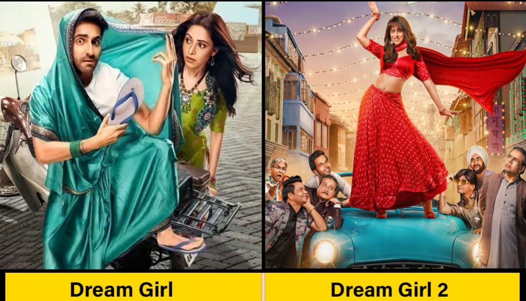 A side-by-side comparison of the posters for Dream Girl (2019) and Dream Girl 2 (2023). On the left, Ayushmann Khurrana is dressed in a green saree, holding a slipper, with Nushrratt Bharuccha looking surprised behind him. On the right, Ayushmann Khurrana, dressed as a glamorous woman in a red lehenga, poses on top of a vintage car, surrounded by an amused ensemble cast, with festive lights in the background.